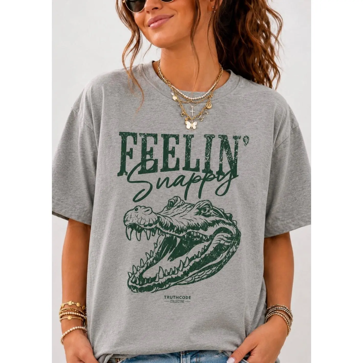 Organic Cotton "FEELIN' SNAPPY" Tee, Crocodile Graphic T-Shirt, Eco-Friendly [GOTS + OCS Certified]