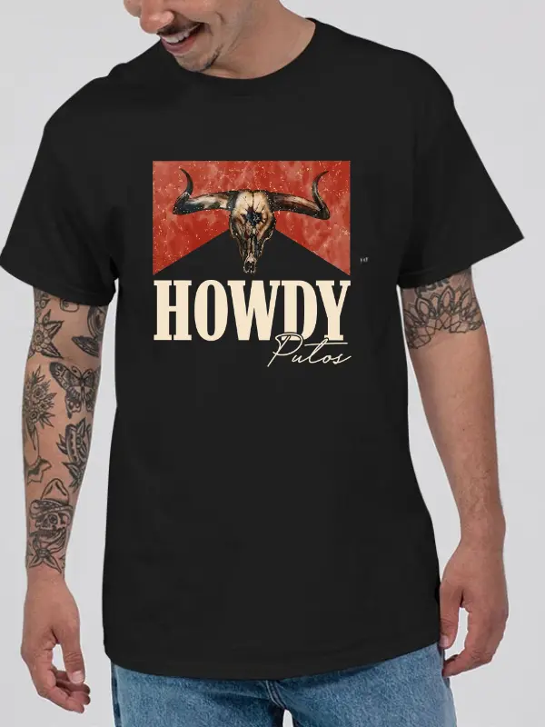 Howdy  Western T‑Shirt – Sweatshirt – Hoodie | Longhorn Skull and Red Marble Graphic Top | Bold Cowboy Greeting Design | Rustic Southwestern Style Outfit | Soft Cotton Blend Unisex Tee for Country Fans