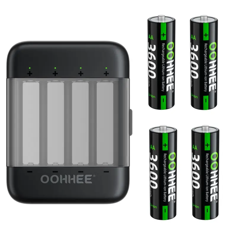 4PCS 1.5V 3600mAh High Capacity Fast-Charging AA Lithium Battery Replacement Kit with 4-Slot Thin Portable USB Universal Charger, LED Display Storage Container for High-Drain Users, Electronics, Long Life Battery