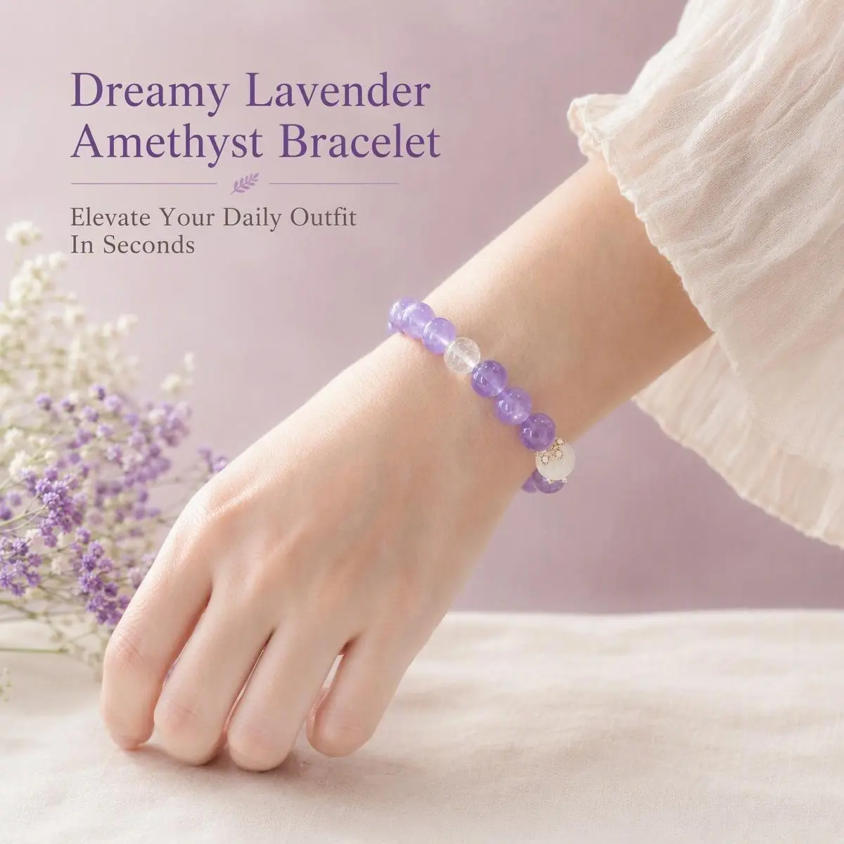 Natural Lavender Amethyst & Rose Quartz Bracelet, Clear Quartz Harmony Crystal Beads, Crown & Heart Chakra Healing Jewelry, Synergy Protection Mala travelessentials