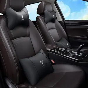 2PCS Leather Car Seat Headrest Auto Logo Neck Pillow For Tesla Model 3 Model S X Model Y Juniper Roadster 2021 Cybertruck Juguete SpaceX Accessories Vehicle