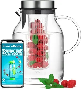 Infusion Pro Glass Fruit Infuser Water Pitcher 2 Qt Heat Resistant for Hot Cold Use Great Iced Tea Pitcher Tranquil Collection with Free eBook of 50 Infused Water Recipes