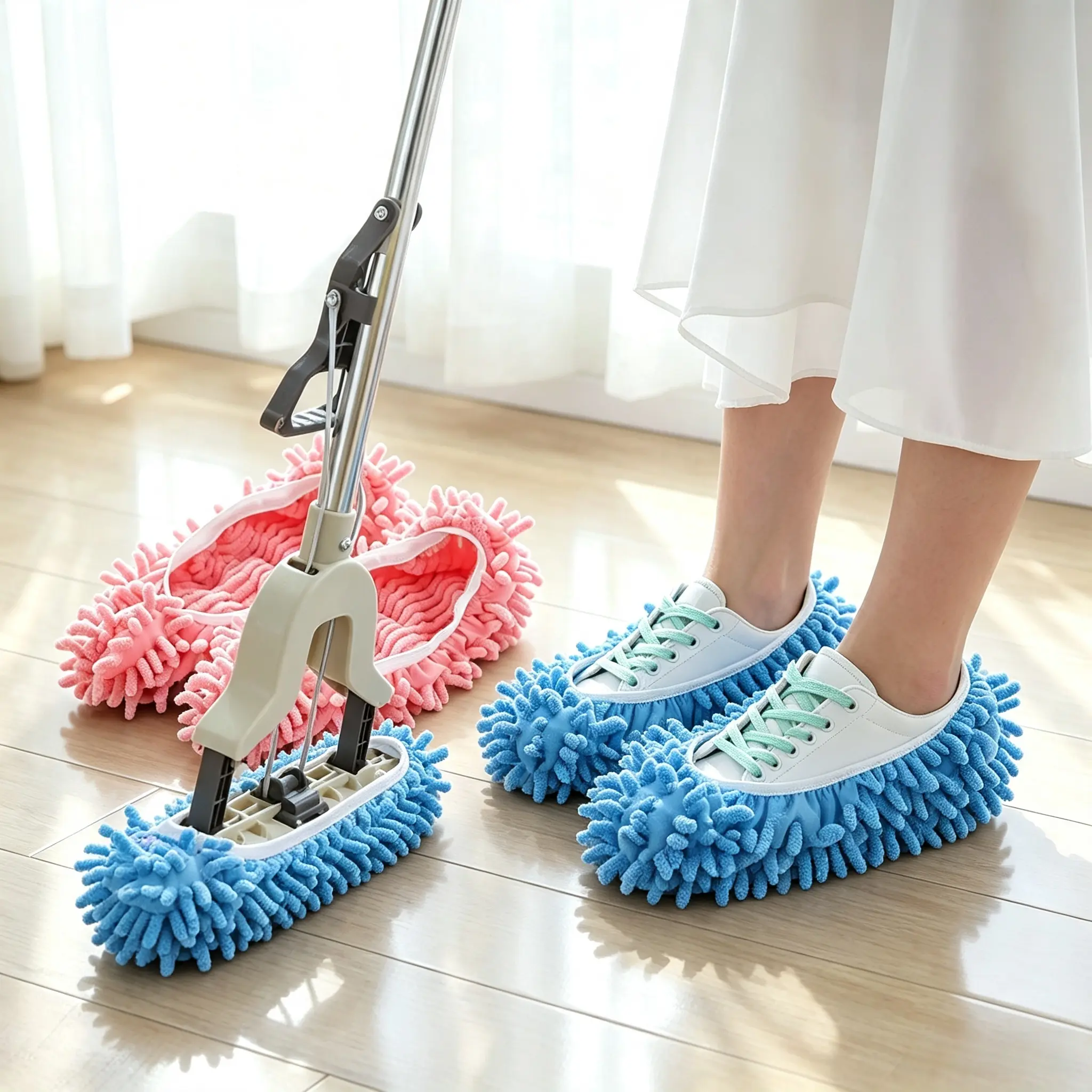 Reusable Wearable Mop Slipper Covers - 4 Pcs Total (2 Blue, 2 Pink), Detachable Machine-Washable Floor Cleaning Shoe Pads for Home Kitchen, Bathroom