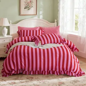 Stripe Print Raffle Edge Bedding Set, Breathable and Super Soft, Includes 1 Duvet Cover Without Filler and 2 Pillowcases Without Filler, Suitable for All Seasons Ideal for Cozy Sleep Environment