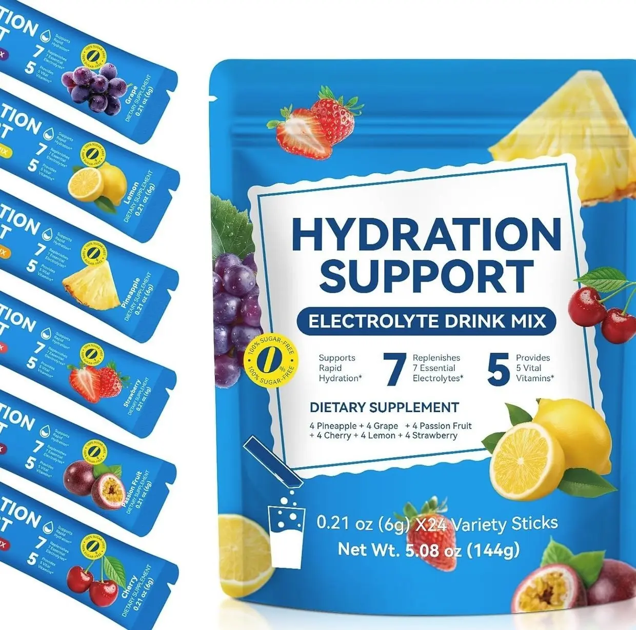 YLXYZUAD Sugar Free Electrolytes Powder Packets 24 Count Variety Pack Low Calorie Hydration Drink Mix with 7 Electrolytes & 5 Vitamins B3 B5 B6 B12 C Keto Friendly Vegan (24 Servings (Pack of 1))