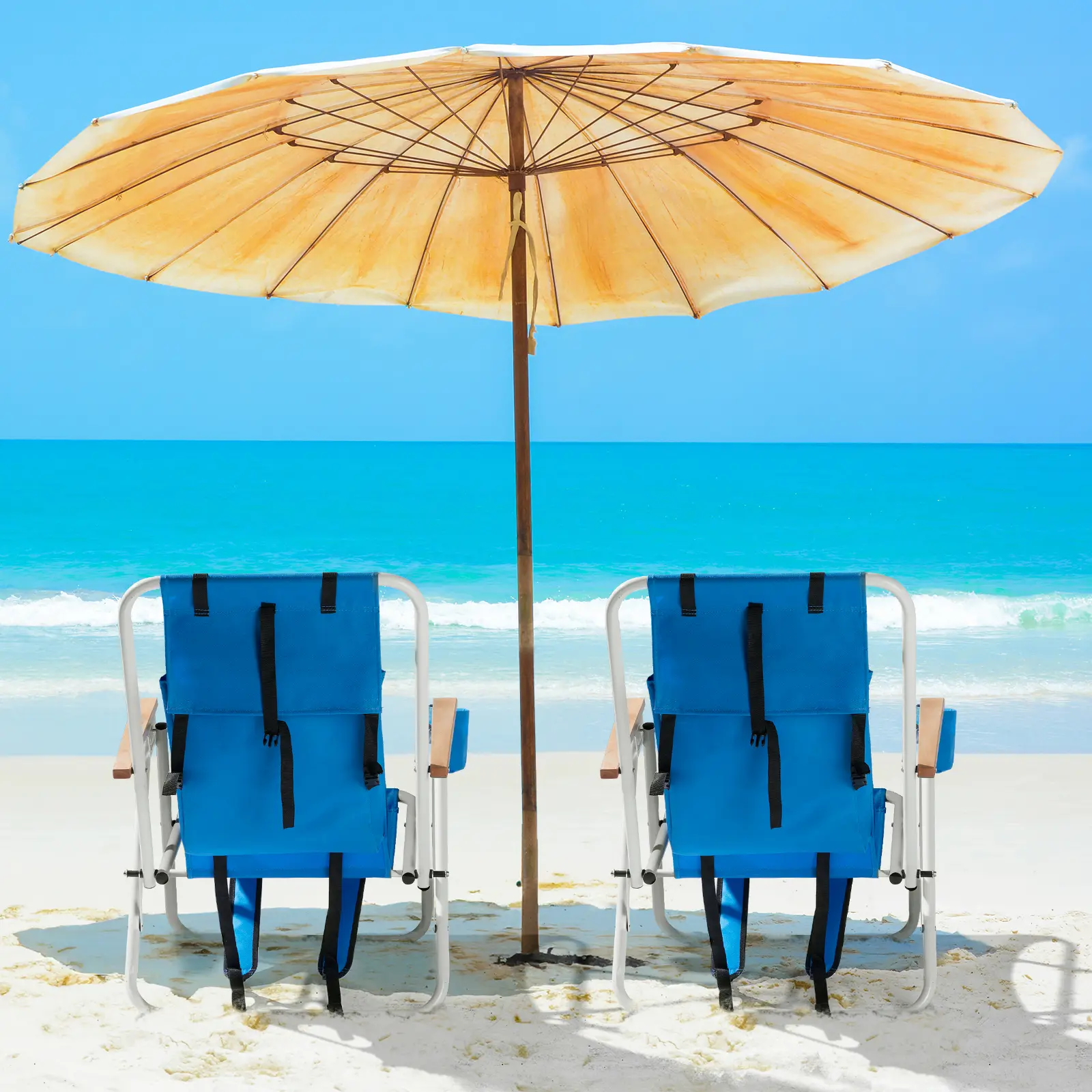 Adults' 2-Pack Folding Beach Chairs - 4-Position Reclining, Backpackable Portable Camping Chairs with Headrest, Cup Holder, Wooden Armrests, for Beach, Picnic, Outdoor Activities (Blue & Green Stripes), Beach Chair