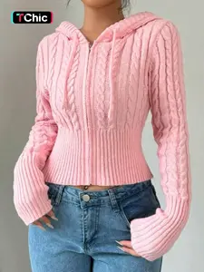 Women's Zipper Up Hooded Drawstring Cable Knit Long Sleeve Cardigan Sweater, Autumn/Winter Slim Fit Solid Color Casual Soft Fashion Cozy Cute Knit Cardigan, Women Fall Outfit, Winter Sweater for Women, Cute Knitwear, Chic Casual Jumper