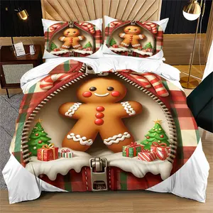 Gingerbread Man Christmas Theme Duvet Cover Set, Includes Quilt Cover & Pillowcases, Christmas Elements Patterns, Soft Comfortable Fabric, Perfect Christmas Gift for Home Decoration, Bedroom Bedding Set