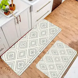 2-Piece Boho Geometric Diamond Kitchen Rugs Set, 16"x24"+18"x47" Non-Slip Absorbent Floor Mats, Machine Washable Low Pile Aztec Style Kitchen Runner Mats for Kitchen, Sink, Laundry Room, Entryway