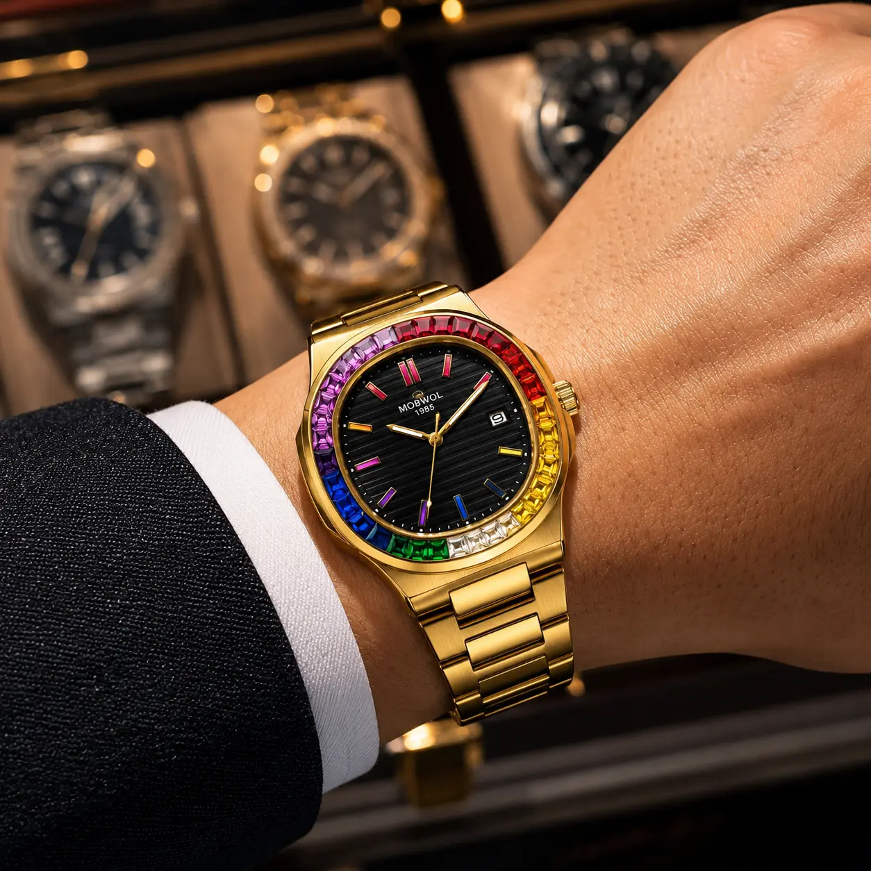 Men’s Gold Watch, Rainbow Crystal Bezel Analog Quartz Wristwatch with Black Dial and Date, Stainless Steel Bling Dress Watch, Gift for Him
