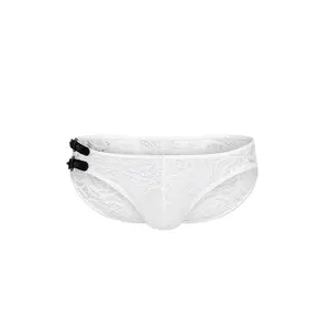 Men's  Low-Rise Lace Buckle Bikini Briefs - Genuine-Luxe Leather Accents, Sheer Floral Contrast Lace,Nylon Spandex Fabric No Fly Quick Dry Moisture Wicking S-XL