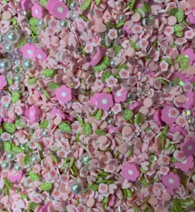 Pink Flower Polymer Clay Sprinkles, Pearls and Rhinestones