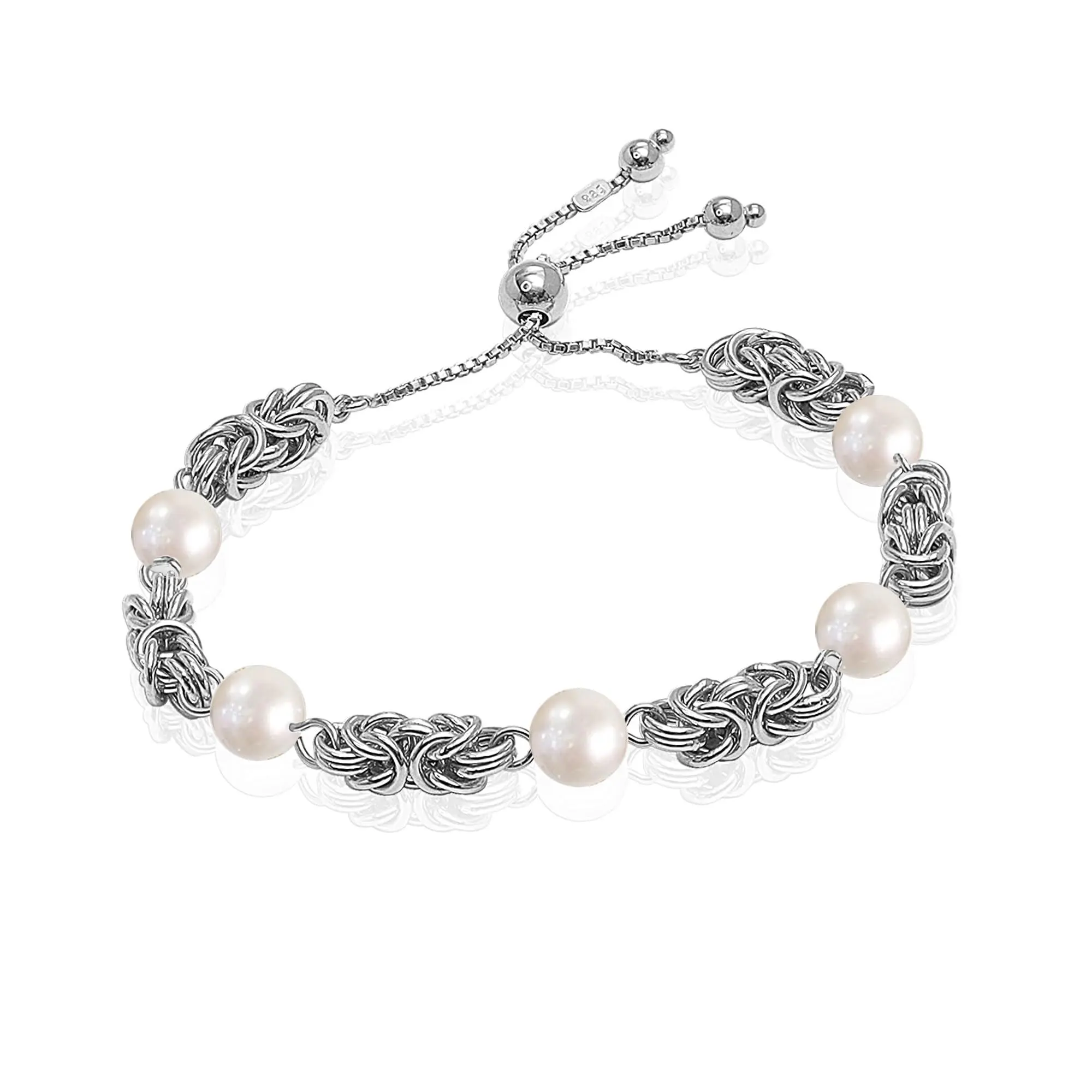 Lecalla Women's Byzantine Bracelet, 925 Sterling Silver Italian Jewelry with Simulated Pearls, Rhodium Plated Adjustable Bolo, Anniversary Gift, Beaded Chain, Women's Fashion, Sliding Bolo