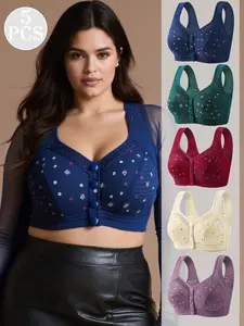 5-Pack Lace Print Breathable Front Buckle Lingerie, Elegant Wireless Bralette Set, No Underwire, Fitted, Lined, Casual Style
