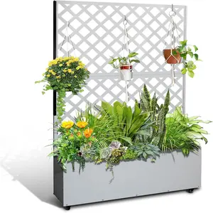 73"x47" Metal Raised Garden Bed with Trellis & Locking Wheels | Outdoor Planter Box Privacy Screen w/ Drainage - for Vegetables, Flowers