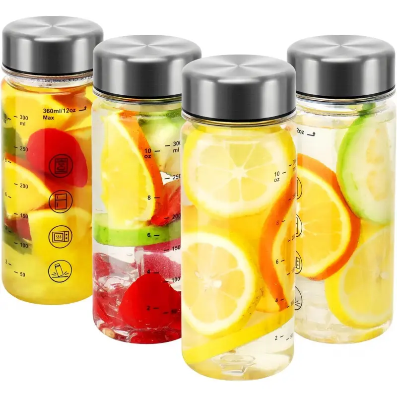 4 Pack Plastic Juice Bottles with Caps - Wide Mouth Resuable Clear Plastic Water Bottles for Juicing,Smoothie,Protein, Beverage,Storage Containers,,Leakproof Stainless Steel Lid(12 Ounces)-L