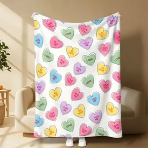 Valentine's Day Hand-Painted Candy Heart Flannel Fleece Throw Blanket, Ultra Soft Plush Portable Travel Blanket, Cozy Romantic Warm Blanket, Sweet Home Decor for Bed Sofa, Perfect Valentine Gift for Couples & Women Romantic Warm Gift for Her