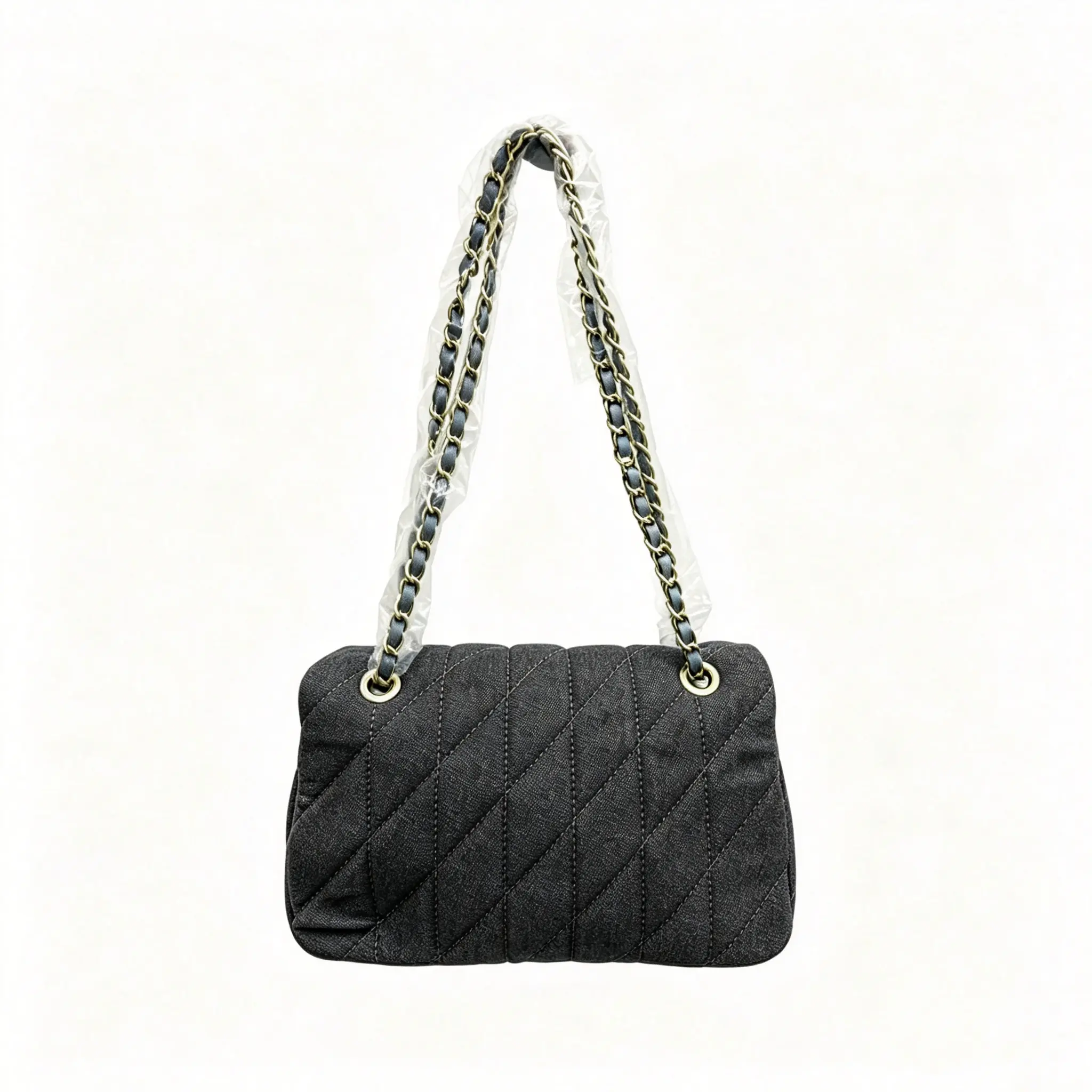 Denim Tabby 26 Quilted Diagonal Stitch, Denim Shoulder Chain Bag, Classic Designer Crossbody Medium Purse, Two-Way Wear For Crossbody & Single Shoulder