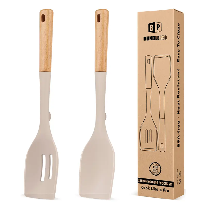 BUNDLEPRO 2-Pack Large Sturdy Food Grade Silicone Nonstick Spoons Set (13 in * 2.55 in) - Heat-Resistant Cooking Tools with Wooden Handles, Top-Safe Bulge, Ideal for Pot Use, Durable Kitchen Cooking Accessories