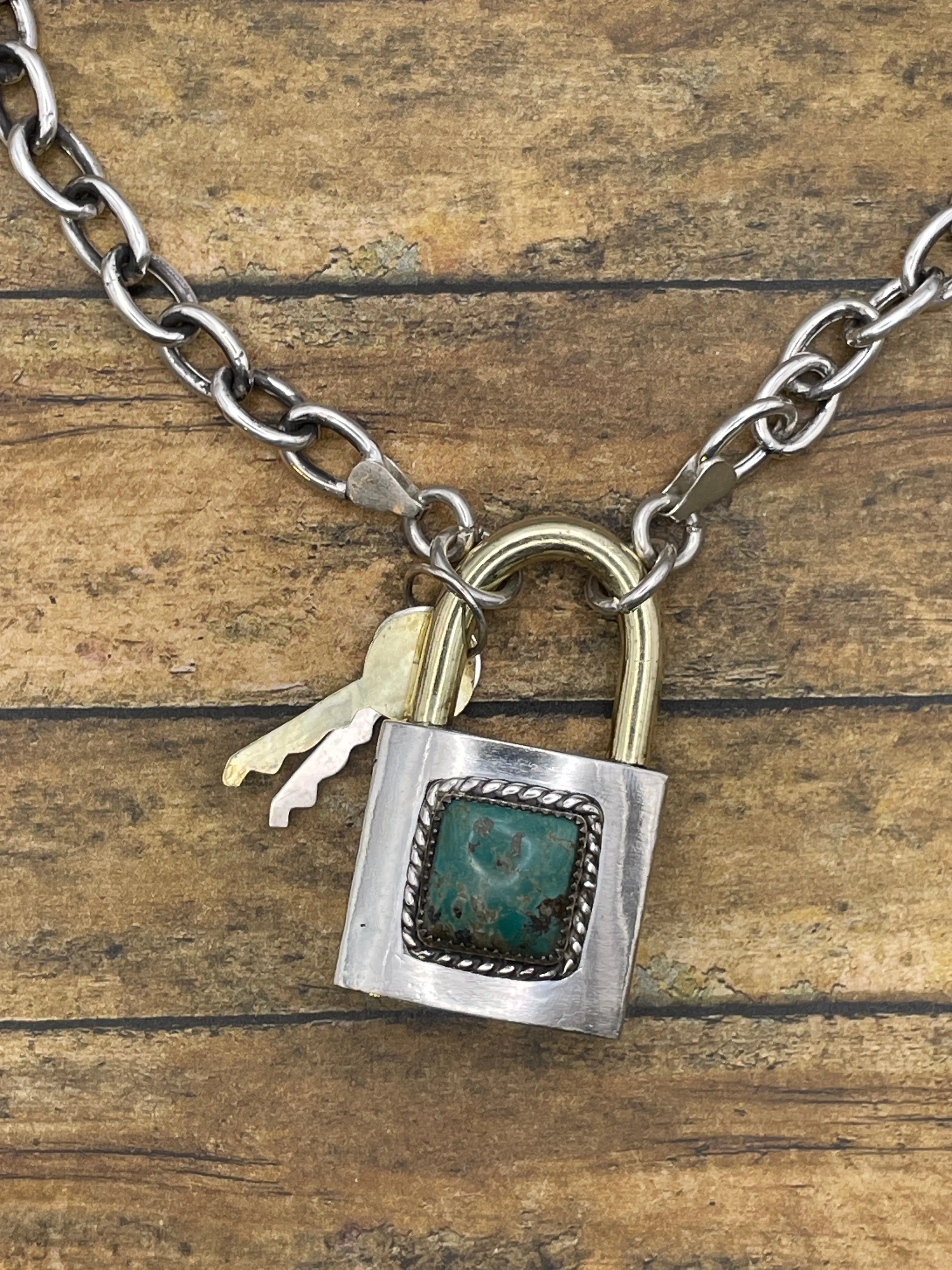 Brut-Turquoise Large Sterling Silver Padlock Pendant