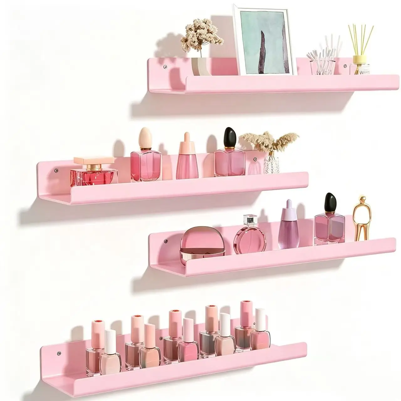 4 Pack 15" Pink Acrylic Floating Shelves, Wall Mount Display Organizer for Perfume, Kids Books, Decor for Bathroom, Bedroom & Living Room