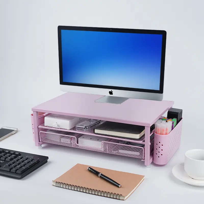 Desk Organizer and Accessories, 2-Tier Computer Monitor Stand Riser with Drawer and 2 Pen Holders, Office Desk Accessories for Office Supplies, pink