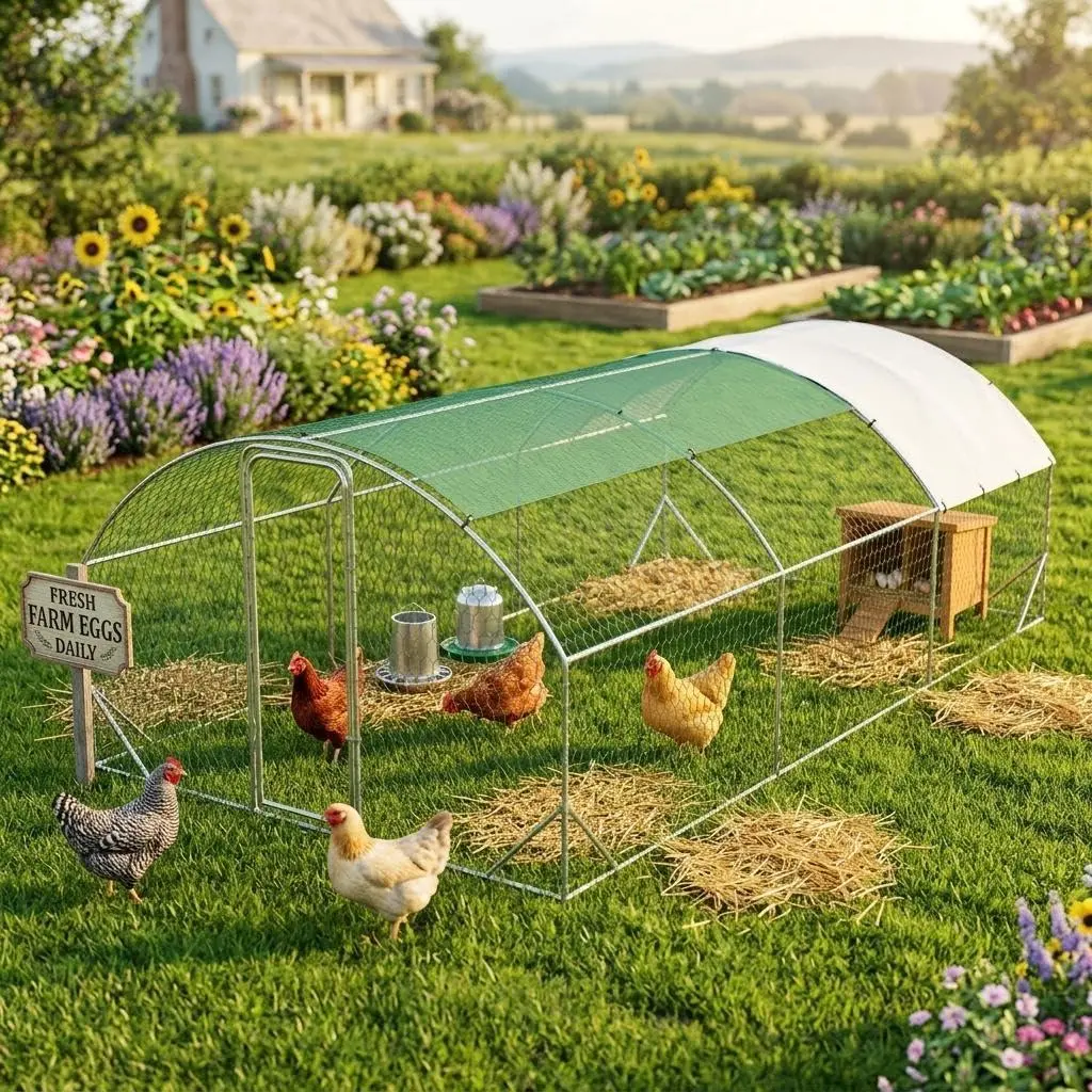 Walk-in Metal Chicken Coop with Cover - Heavy-Duty Outdoor Poultry Cage Pen, Galvanized Steel Frame, Reinforced Mesh, Waterproof UV-Resistant Roof for Backyard, Farm