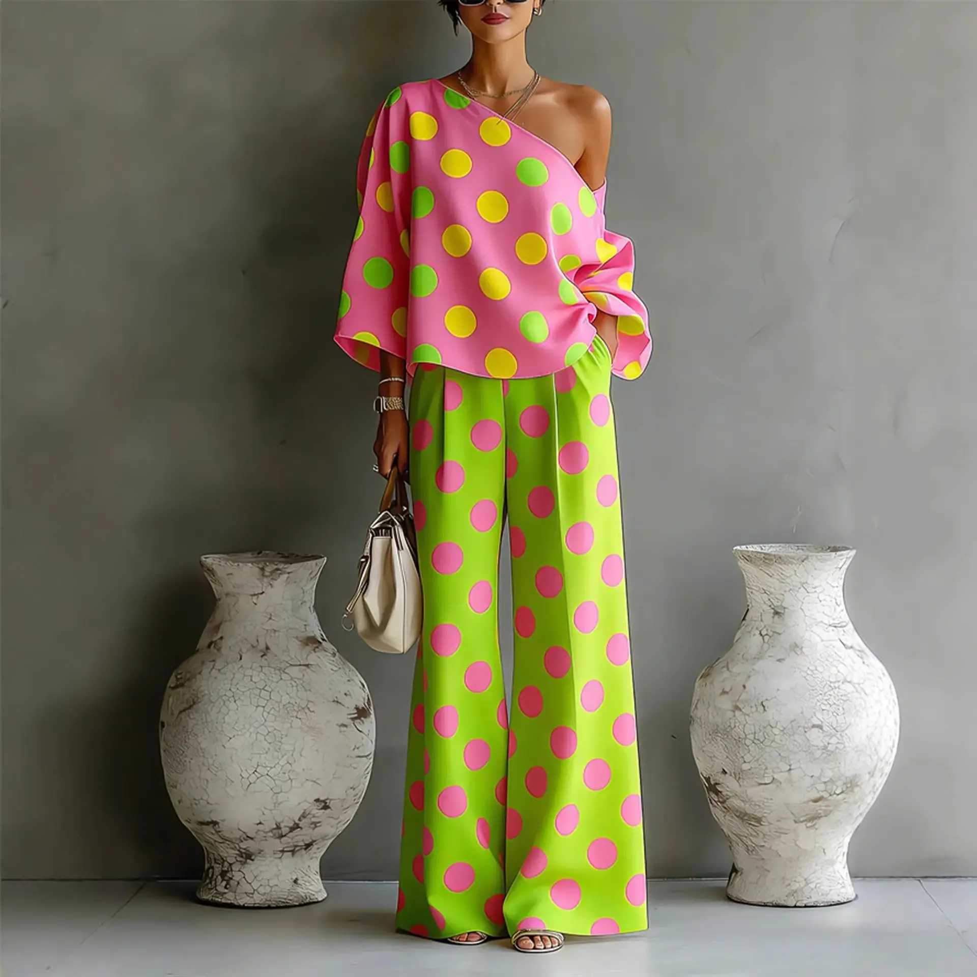 Women's 2 piece set Polkadot Set, Batwing Sleeve Blouse, High-Waist Wide Leg Pants, Casual Women 2 Piece Sets, matching sets for women