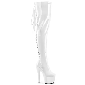 Women's ADORE-3063 White Stretch Patent Platform Boot - 7 in Heel, Lace-Up High Heel Footwear