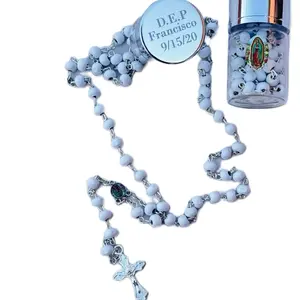 12pcs Personalized Rosary Beads - Custom Engraved Rosario de Madera with Personalized Details & Virgin Mary Charm