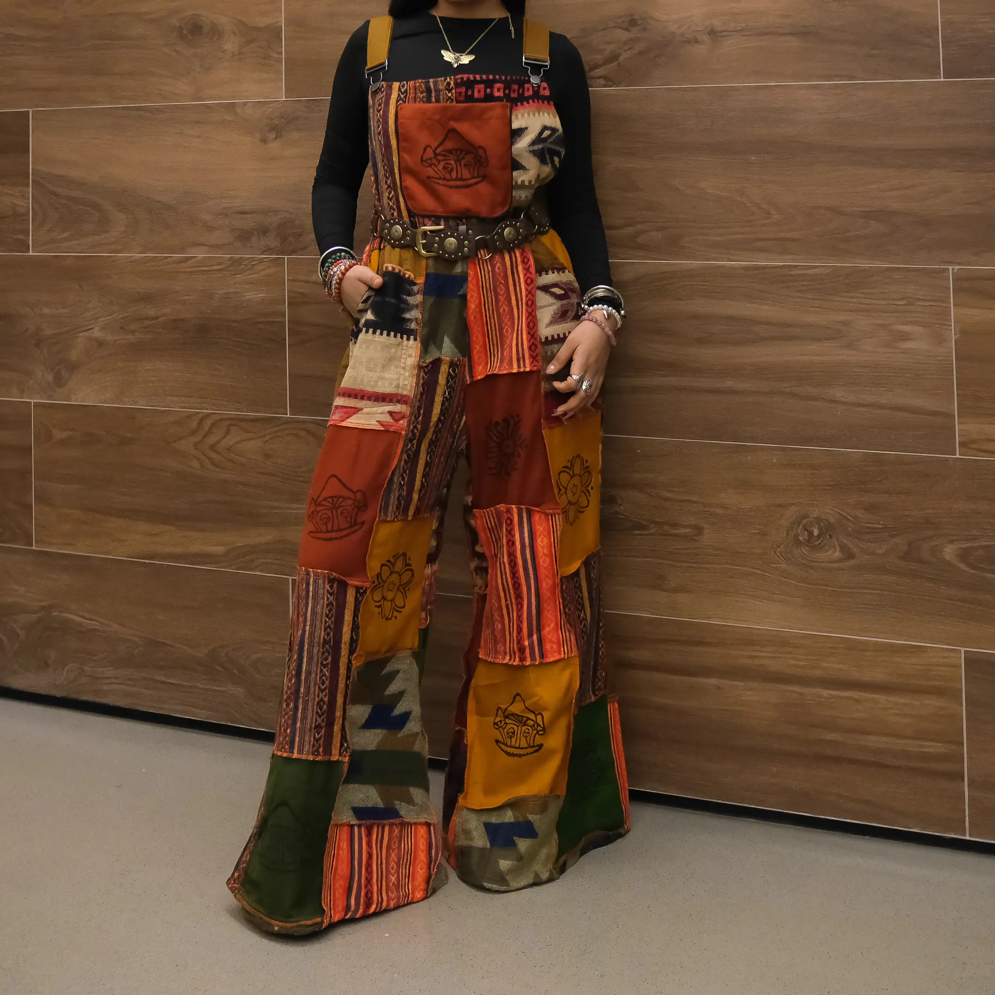 Karma Nepal Crafts Patchwork Wool Blend Warm Fall Winter Jumpsuit, Wide Leg Bohemian Overalls, Boho Hippie Festival Dungarees, Earthy Baggy Jumpsuit, Y2K Style