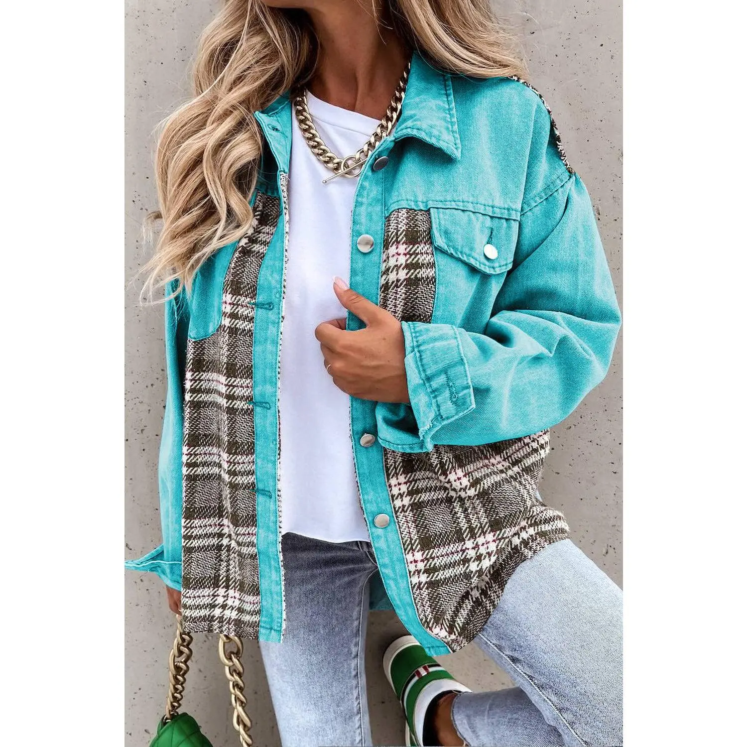 Plaid Patchwork Pockets Denim Jacket