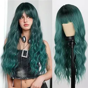 H M D Heat-Resistant Ombre Green Synthetic Full Machine Wig - Women's Long Wavy Wig with Bangs, Natural Wavy Look, for Daily Cosplay and Holiday Use