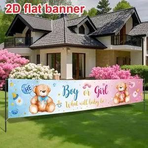 Gender Reveal Party Banner, Teddy Bear Design with Balloons and Stars, Blue Theme, Durable Polyester, Outdoor Indoor Decor