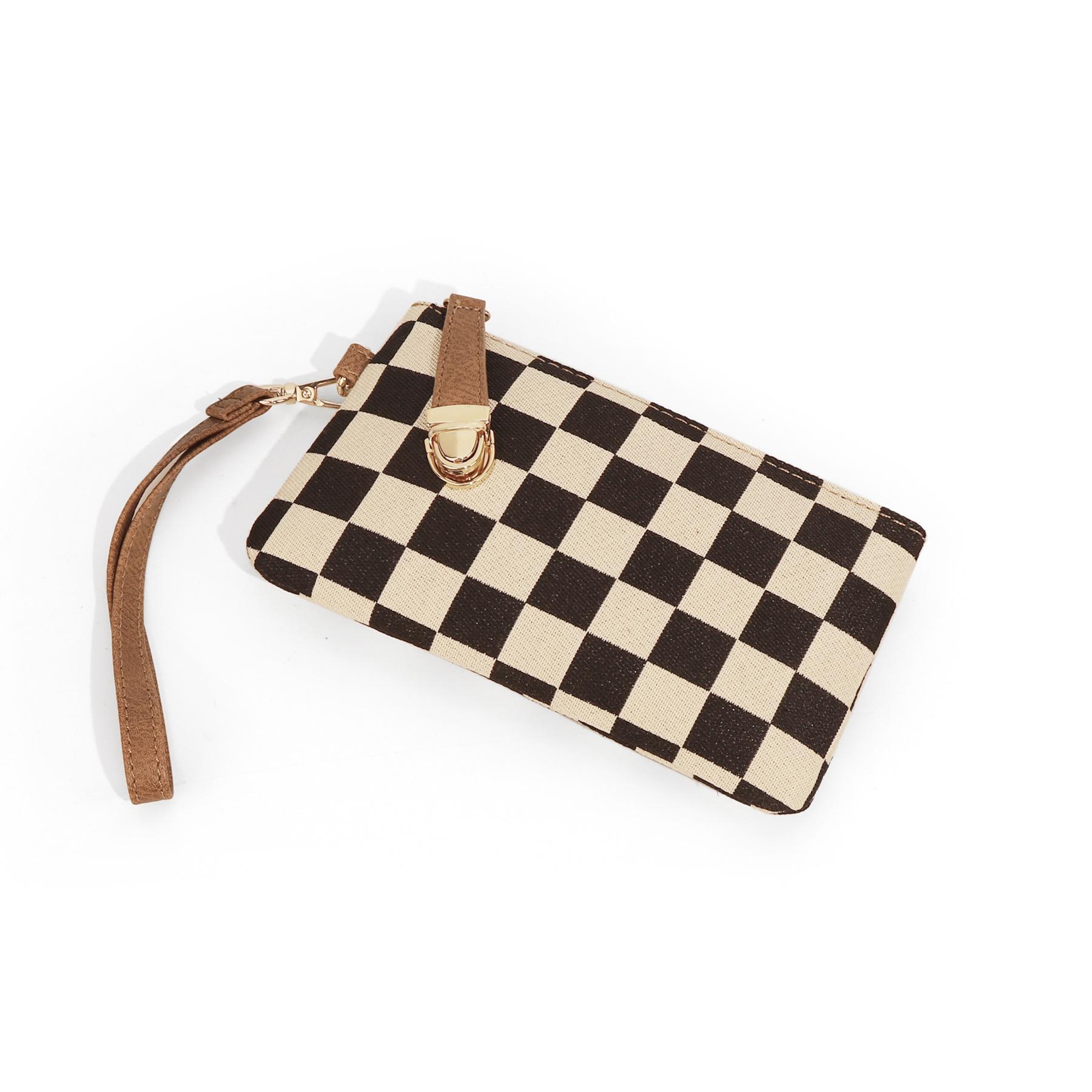 Women’s upgraded high-quality fabric; fashionable, portable long wallet with a checkered pattern; holds a phone; detachable wrist strap; premium gold zipper; gold accents; small everyday carry item.