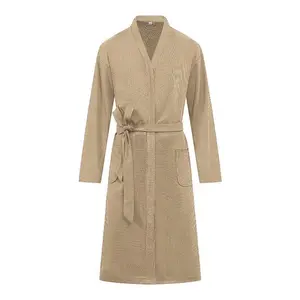Men’s waffle-textured robe with belt, long sleeves—lightweight, comfortable spa bathrobe for lounging at home after a shower; trendy casual sleepwear that is soft and breathable—self-care nightwear