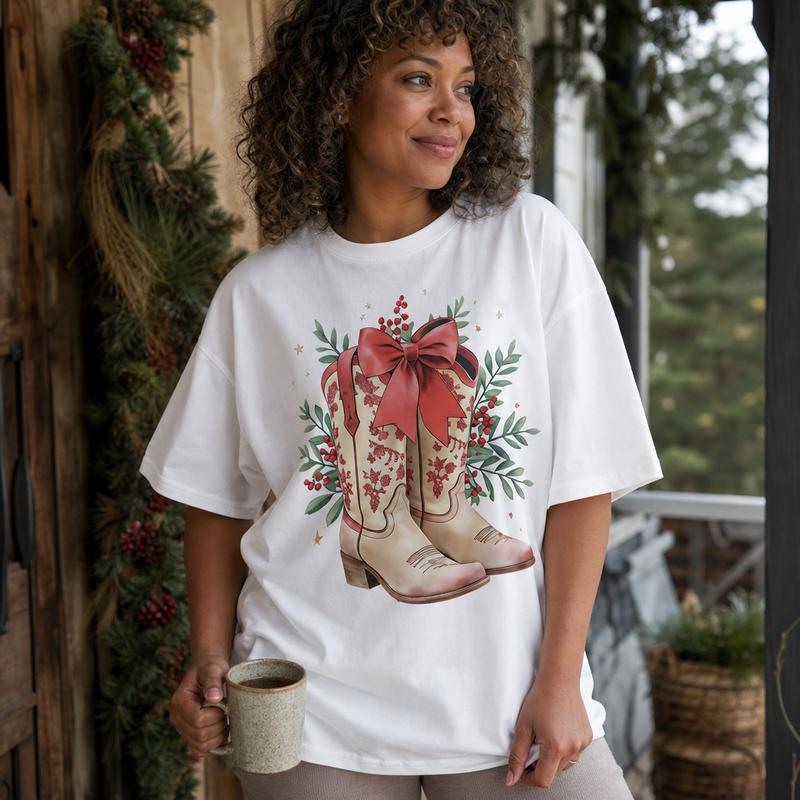 Festive Country Christmas Cowboy Boots Red Bow Cotton Graphic Tee For Women