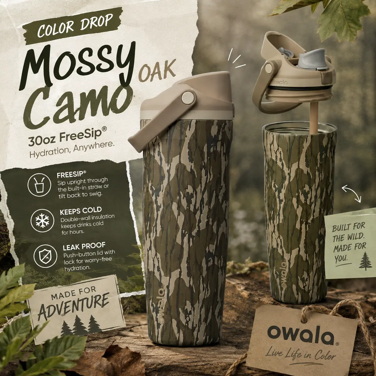 Owala Mossy Oak Camo 30oz FreeSip Insulated Stainless Steel Water Bottle Leakproof Tumbler
