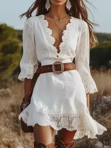Women Deep V Neck Lace Trim Mini Dress, Flowy Loose Ruffle Hem Western Cowboy Casual Dress No Belt