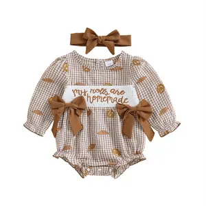 CPZVUCAK Baby Girl Thanksgiving Outfit Plaid Croissant Letter Embroidered Long Sleeve Romper And Headband 2 Piece Fall Set 0-18 Months