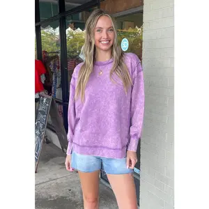 Zenana- Acid Wash French Terry Exposed Seam Sweater