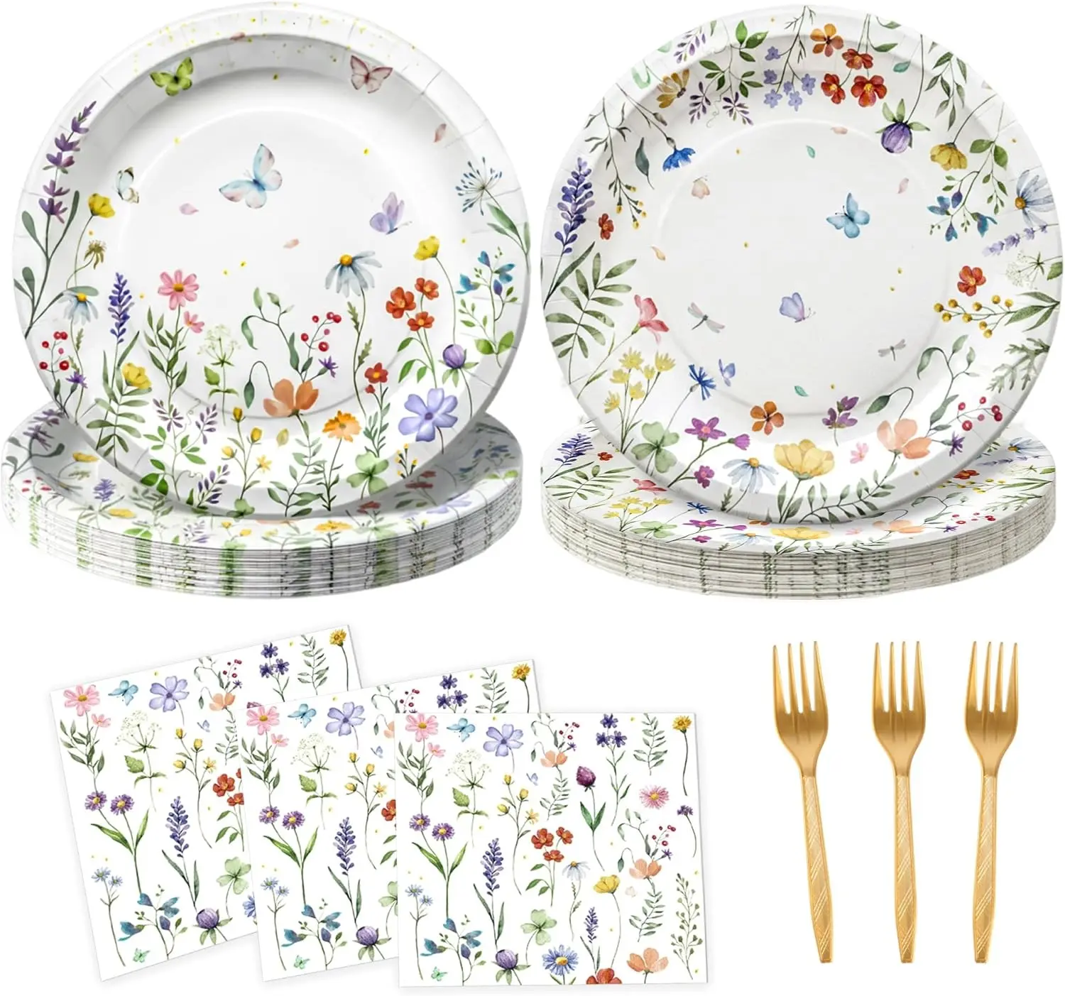 75Pcs Wildflower Plates and Napkins Party Supplies Floral Paper Plates Set Serves 25 for Spring Birthday Mother's Day Bridal Shower Tea Garden Party Decor