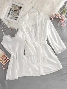 Women's Lace Patchwork Sleepwear Set, Soft Smooth Fabric, Long Sleeve Robe with Tie, Elegant Bedroom Wear, Perfect Gift for Valentine's Day