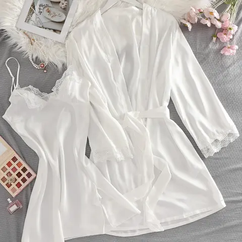 Valentine's Day Gift Set, Elegant Feminine Lace Sleepwear, Women's Short Dress with Thin Straps, Long Sleeve Robe with Bow Waist Belt