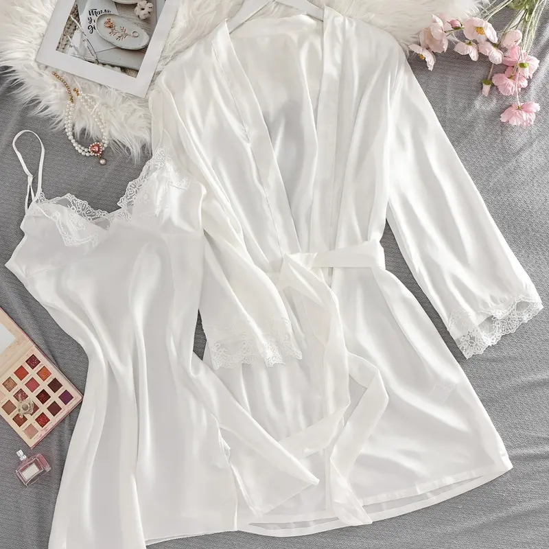 Valentine's Day Gift Set, Elegant Feminine Lace Sleepwear, Women's Short Dress with Thin Straps, Long Sleeve Robe with Bow Waist Belt