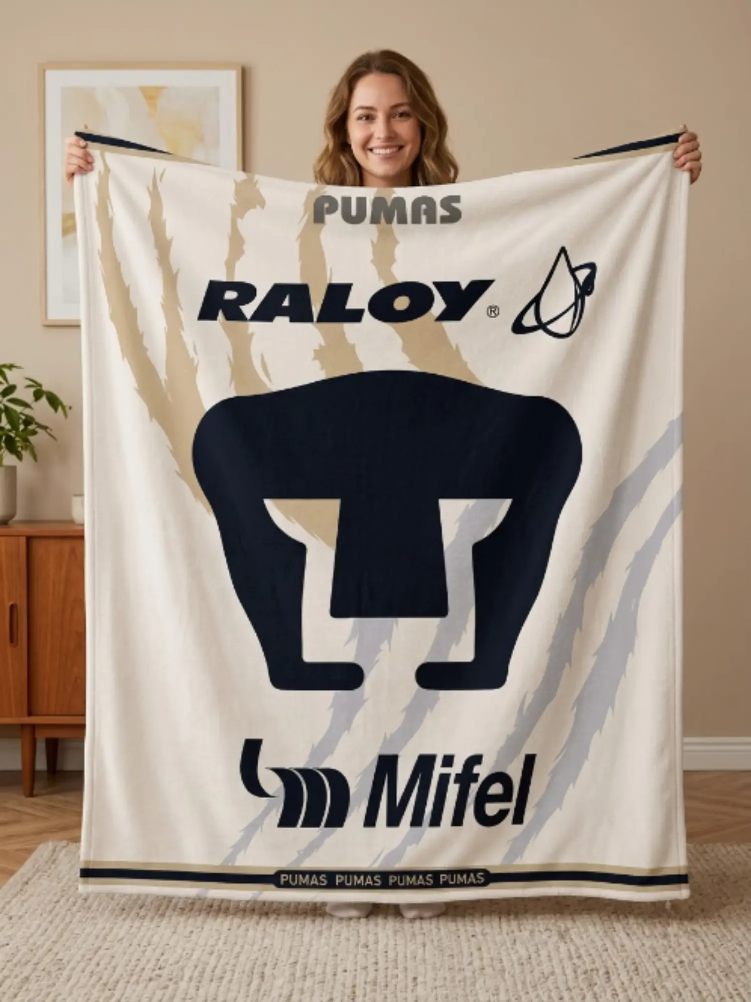 Pumas UNAM Raloy Mifel Blanket, White Gold Soccer Jersey Style Fleece Flannel Throw, Football Fan Gift
