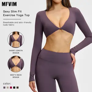 MFVIM Women’s Long-Sleeve V-Neck Yoga Top, Gym Yoga Tops, Sporty Pilates Training T-Shirt for All Seasons, Ideal for Running and Fitness