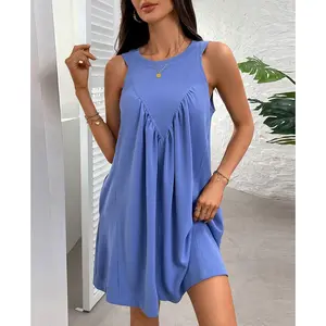 Women's Vacation Sleeveless Mini Dress Casual Crew Neck Tank Dress Flowy Beach Petite Sundress with Pockets Summer Womenswear Crewneck