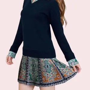 V-Neck Long-Sleeve Sweater Dress in Navy Multicolor 100% Cotton with Collar for Casual Elegant Fashion Womenswear Comfortable Chic Outfit Evening Feminine Piece Summer Basic Collared Minimalist Soft Style