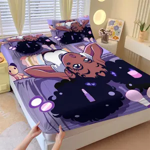 Cute Black Girl Makeup Fitted Sheet Set, 1 Fitted Sheet + 2 Pillowcases - 3 Piece Soft Breathable Deep Pocket Bedding, Cartoon Afro Girl Bed Sheets for Girls Bedroom Decor, Full Size